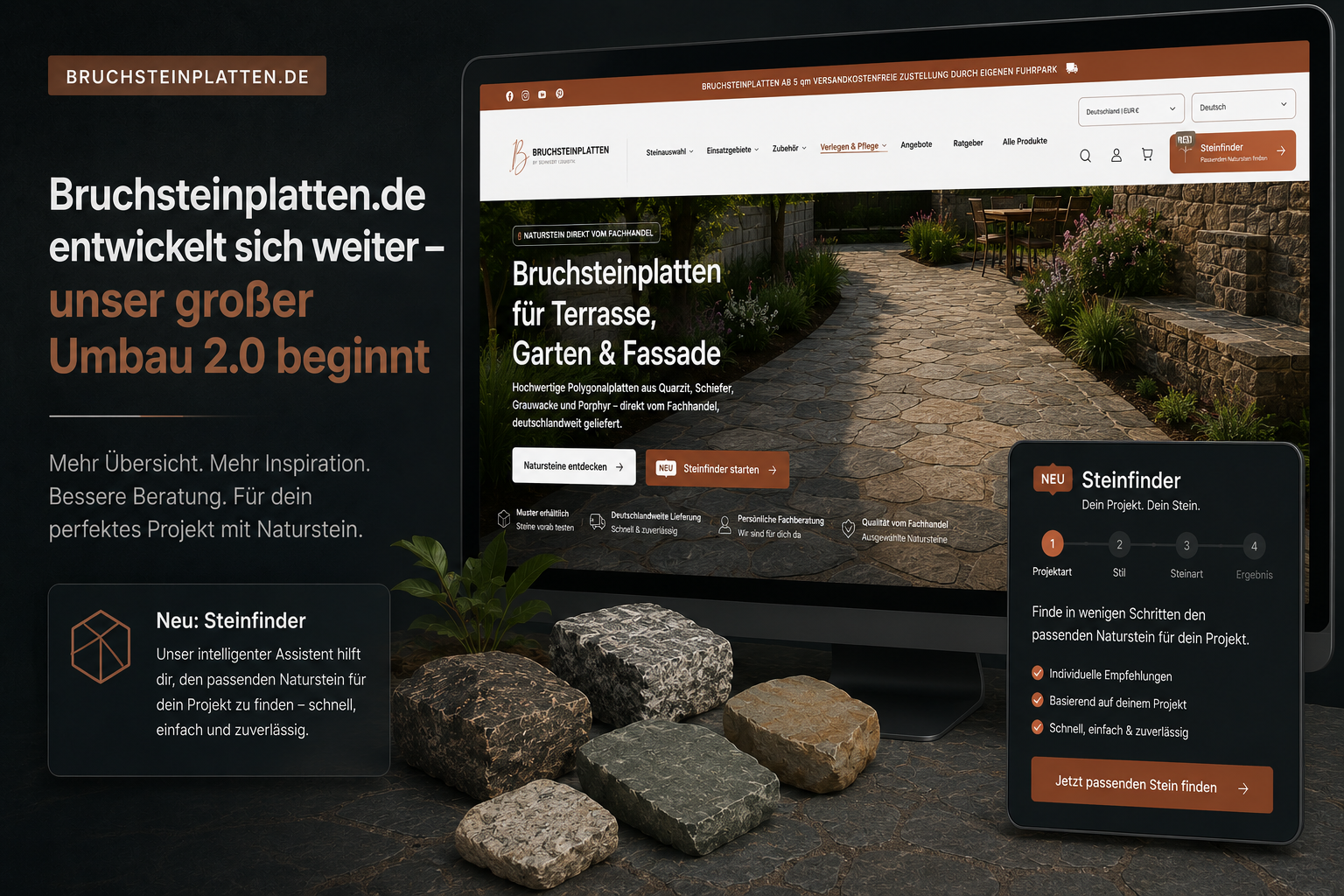 Bruchsteinplatten.de Umbau 2.0 mit neuer Desktop-Ansicht und digitalem Steinfinder für die Auswahl passender Natursteine