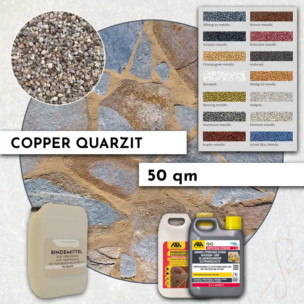 50 qm Terrassen Komplett-Paket COMPRESA mit Quarzit Copper Naturstein