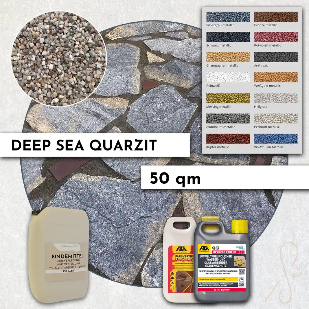 50 qm Terrassen Komplett-Paket COMPRESA mit Deep Sea Quarzit Polygonalplatten