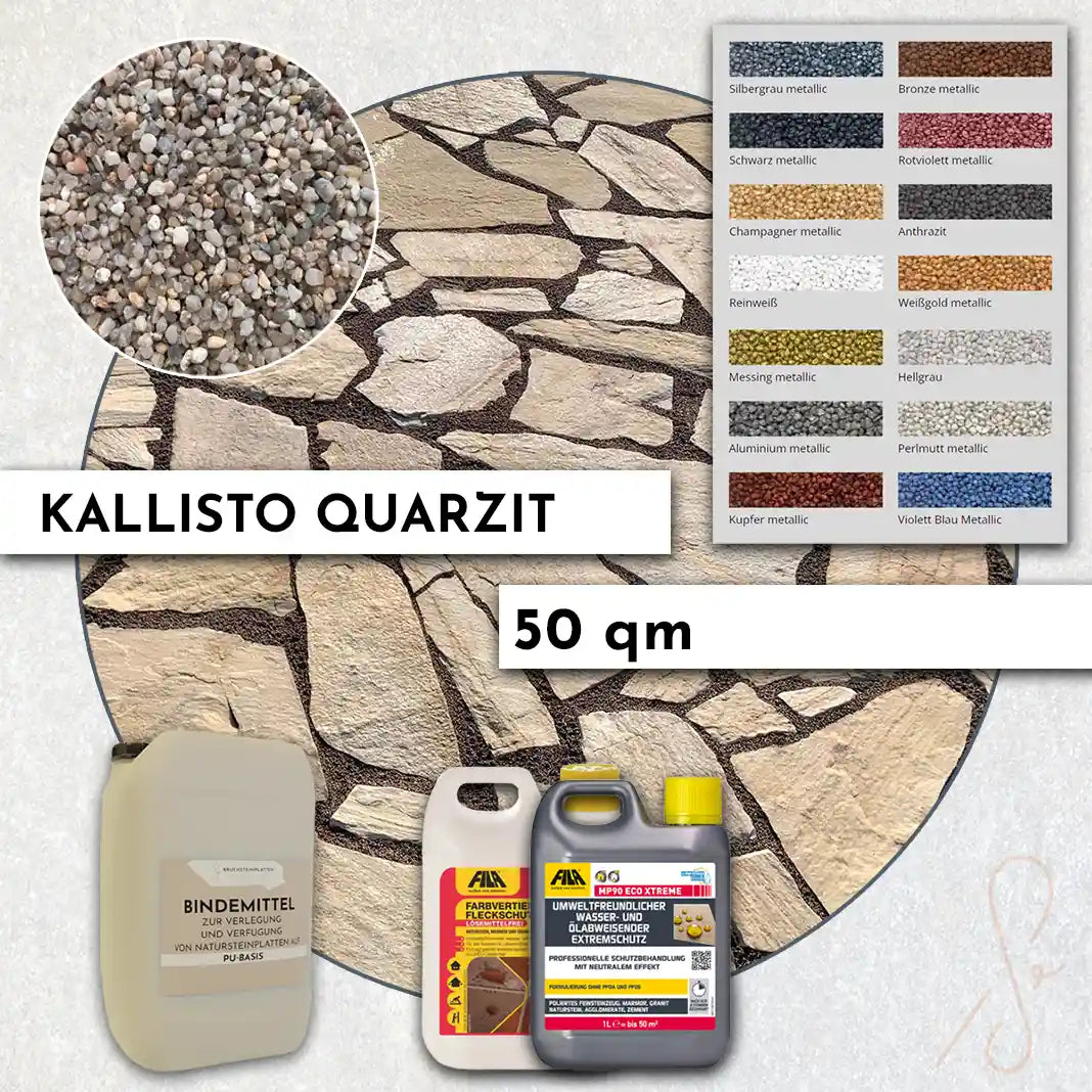 50 qm Terrassen Komplett-Paket COMPRESA mit Kallisto Quarzit Bruchsteinplatten