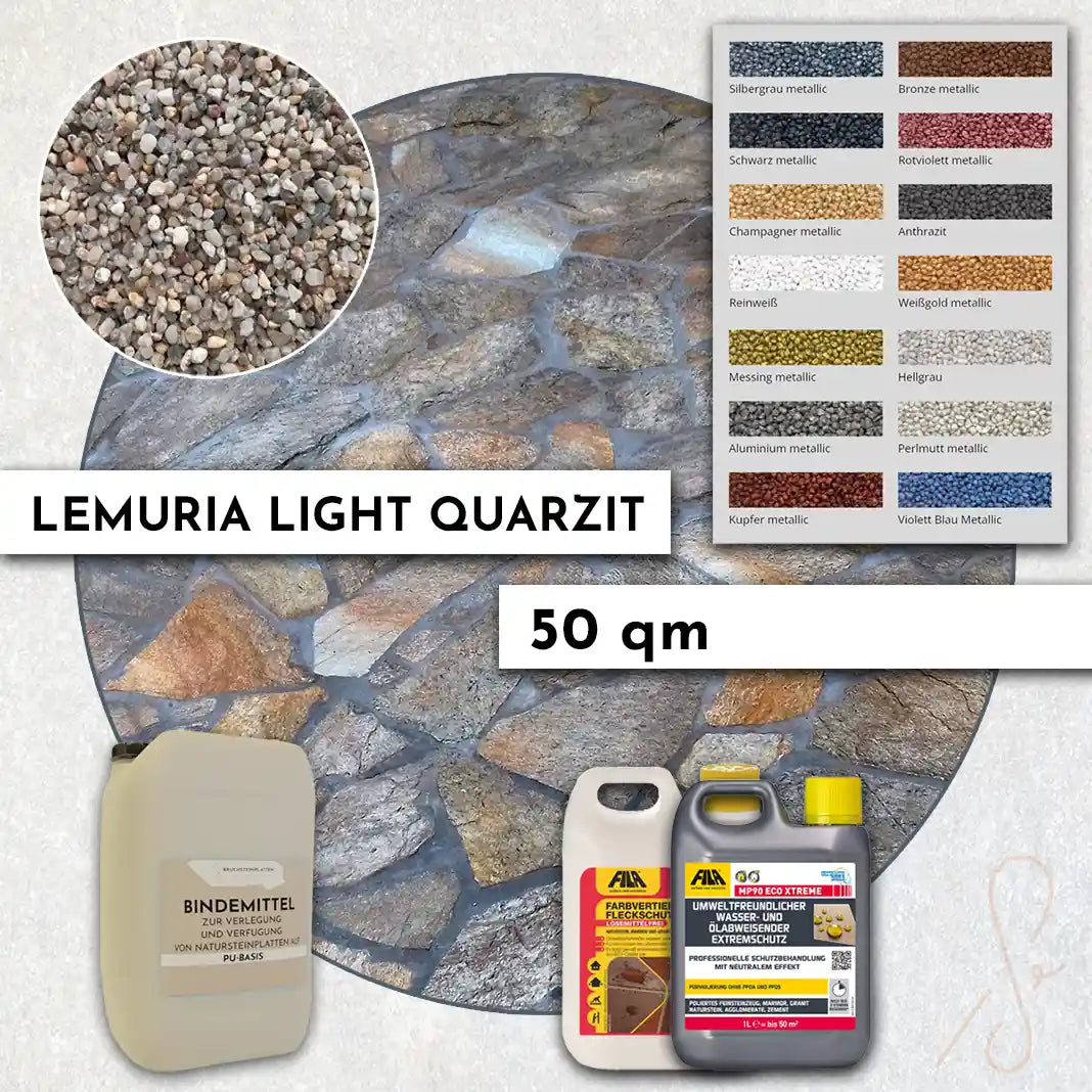 50 qm Terrassen Komplett-Paket COMPRESA mit Lemuria Light Quarzit Bruchsteinplatten