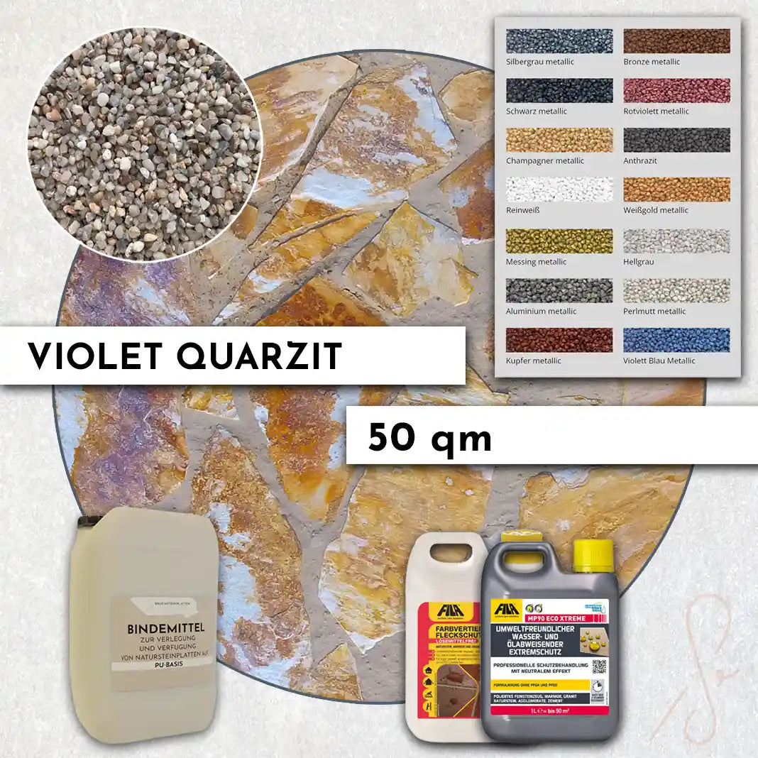 50 qm Terrassen Komplett-Paket COMPRESA mit Violet Quarzit Polygonalplatten