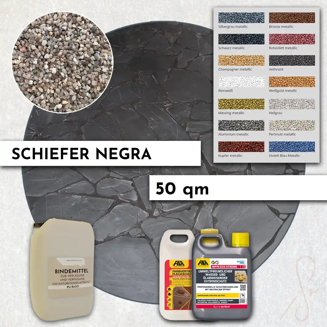 50 qm Terrassen Komplett-Paket COMPRESA mit Schiefer Negra polygonalen Natursteinen