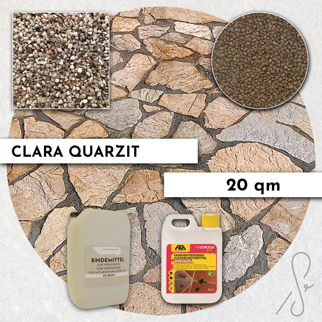 Compresa Clara Quarzit 20 qm, Farbvertiefend Imprägnierung und Colorquarz Fugenmörtel in Bronze Metallic.