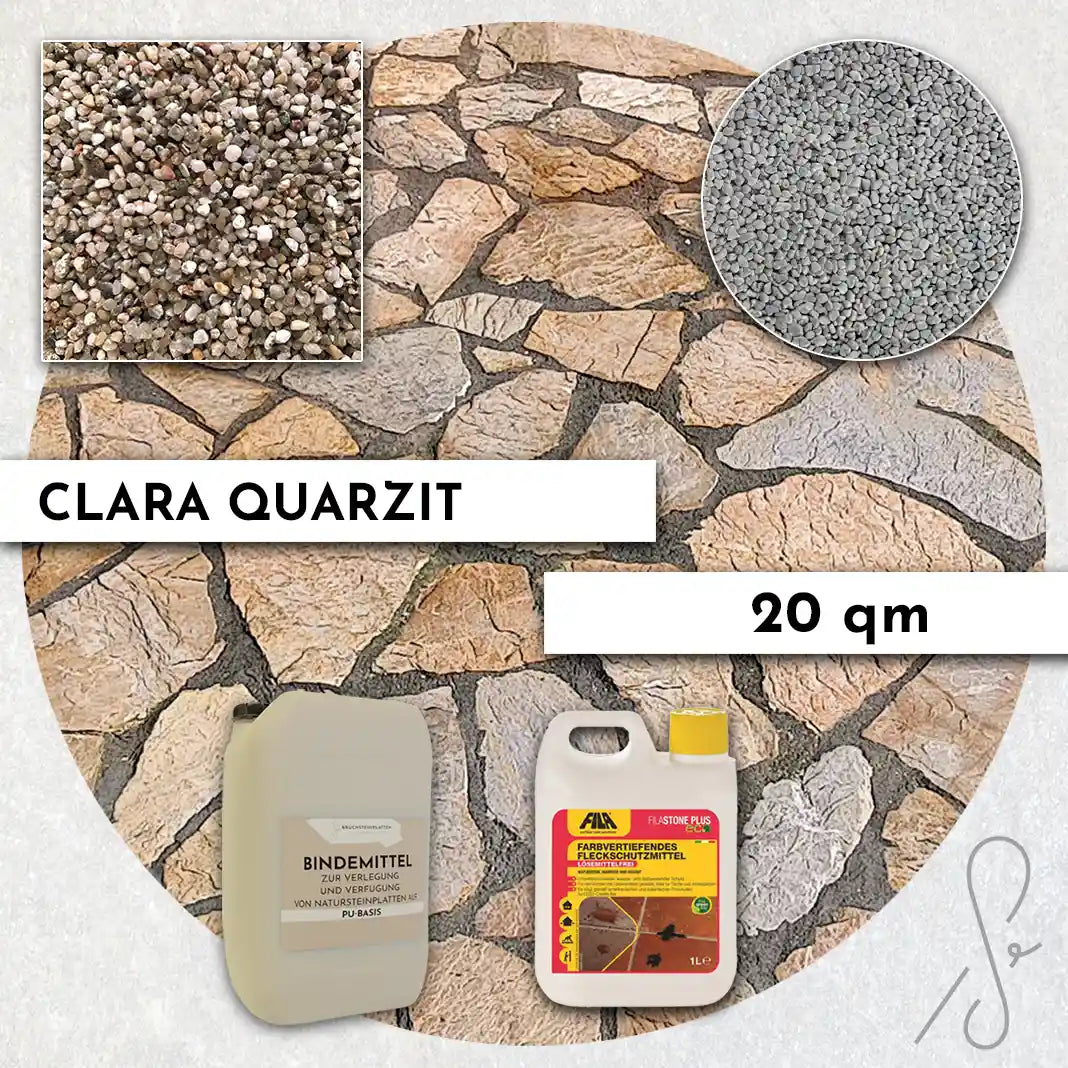 Compresa Clara Quarzit 20 qm, Farbvertiefend Imprägnierung und Colorquarz Fugenmörtel in Hellgrau.