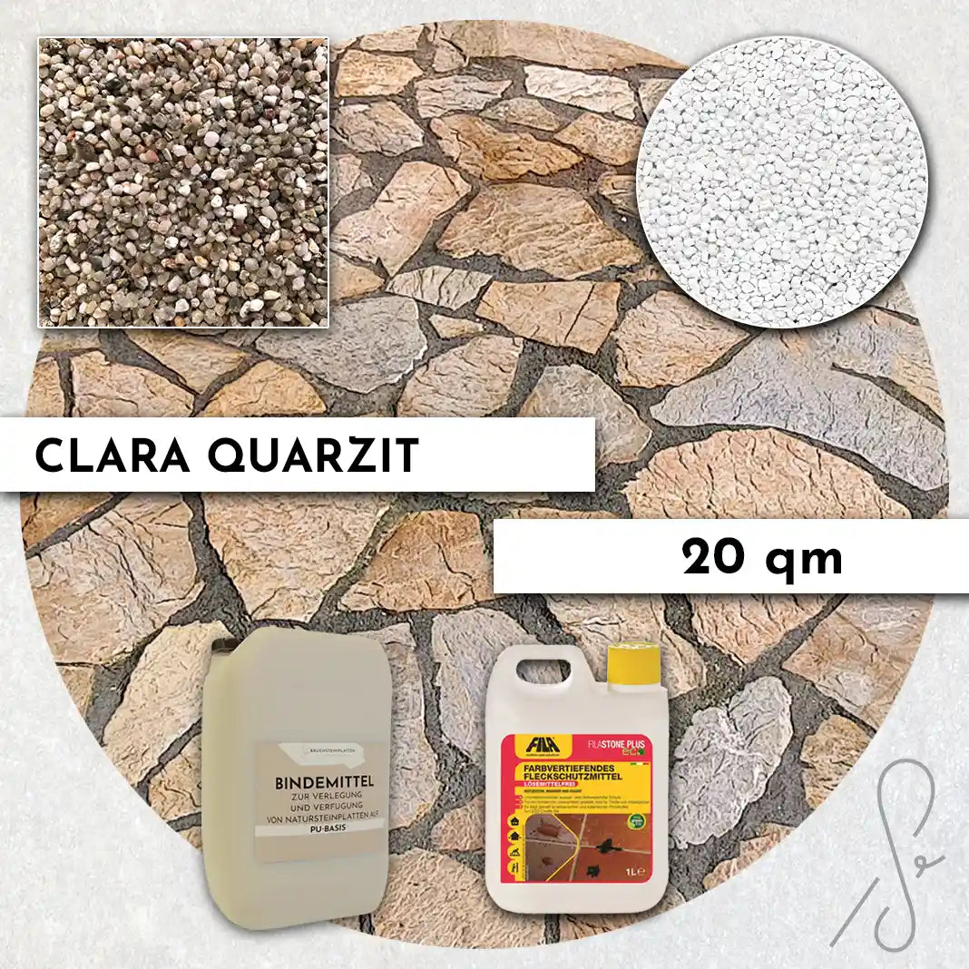 Compresa Clara Quarzit 20 qm, Farbvertiefend Imprägnierung und Colorquarz Fugenmörtel in Reinweiß.