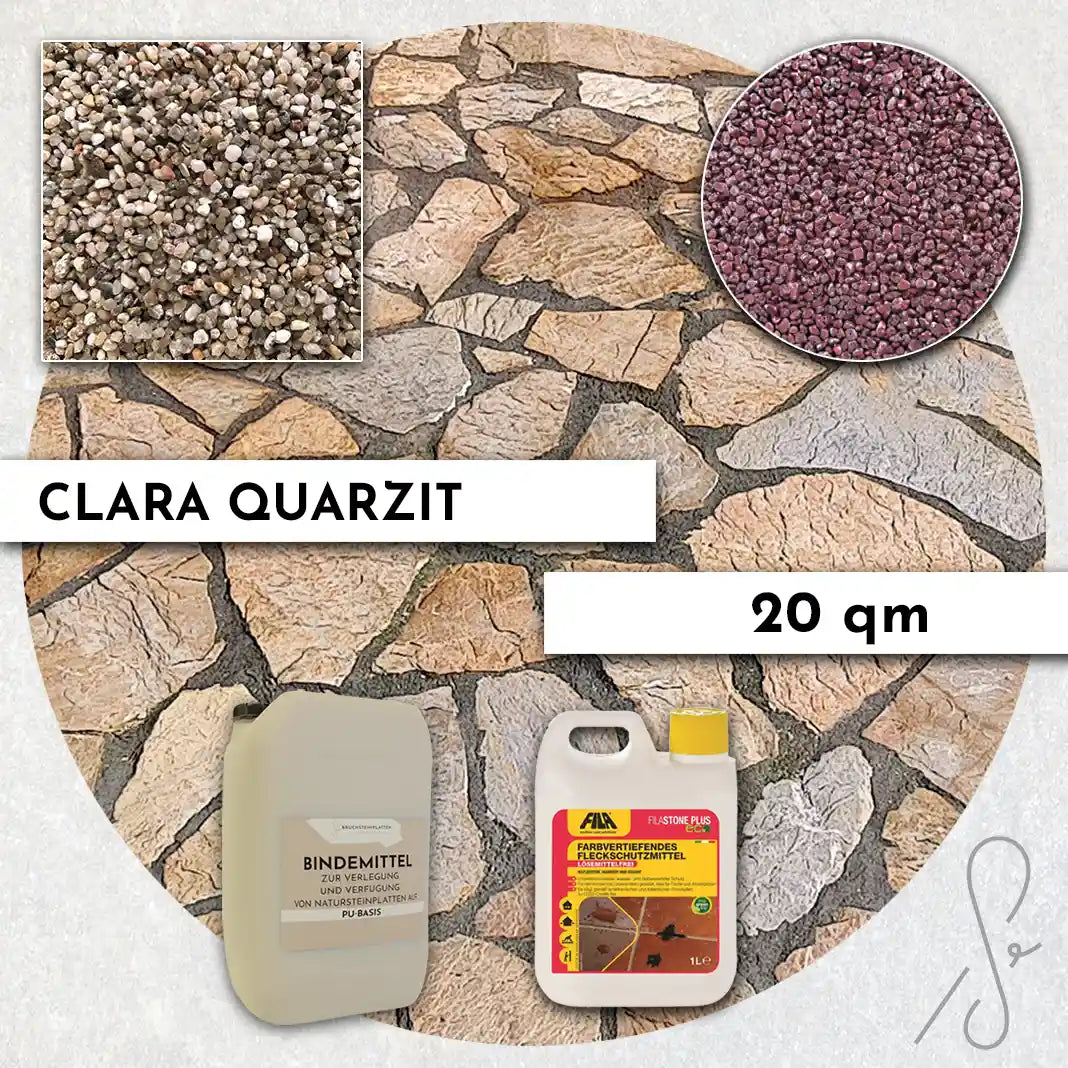 Compresa Clara Quarzit 20 qm, Farbvertiefend Imprägnierung und Colorquarz Fugenmörtel in Rotviolett Metallic.