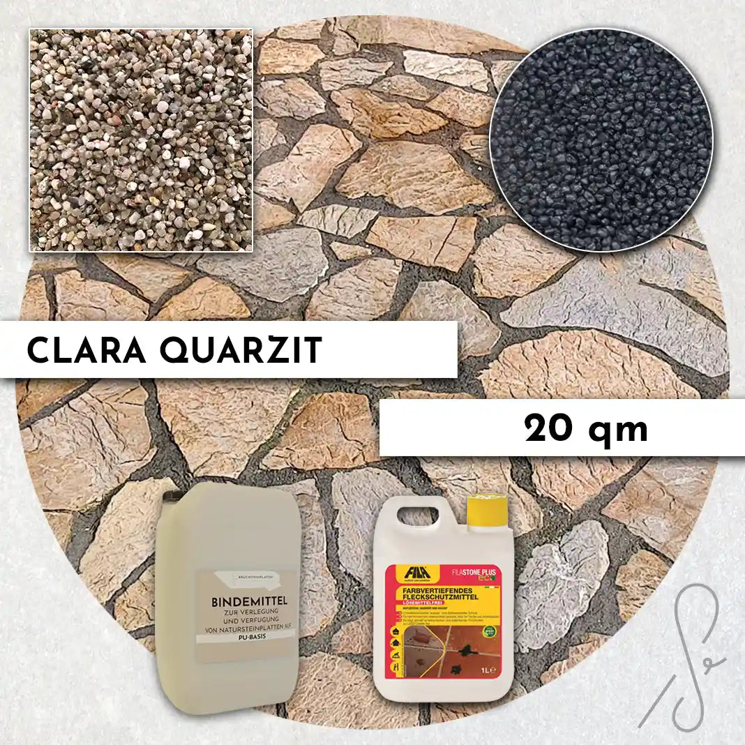 Compresa Clara Quarzit 20 qm, Farbvertiefend Imprägnierung und Colorquarz Fugenmörtel in Schwarz Metallic.