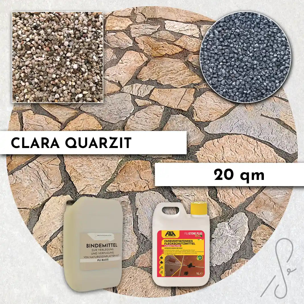 Compresa Clara Quarzit 20 qm, Farbvertiefend Imprägnierung und Colorquarz Fugenmörtel in Silbergrau Metallic.