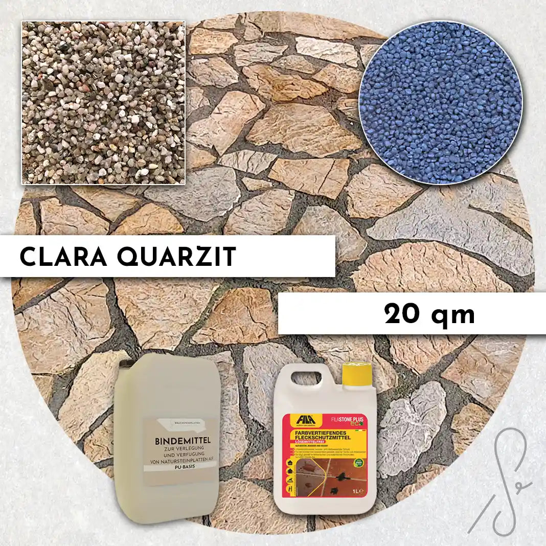 Compresa Clara Quarzit 20 qm, Farbvertiefend Imprägnierung und Colorquarz Fugenmörtel in Violettblau Metallic.