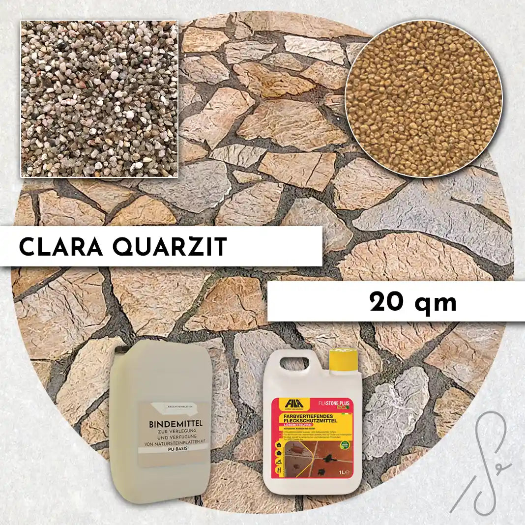 Compresa Clara Quarzit 20 qm, Farbvertiefend Imprägnierung und Colorquarz Fugenmörtel in Weißgold.