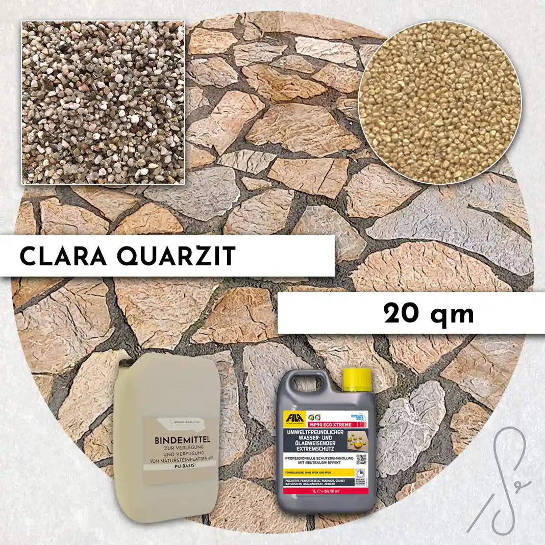 Compresa Clara Quarzit 20 qm, Natureffekt Imprägnierung und Colorquarz Fugenmörtel in Champagner.