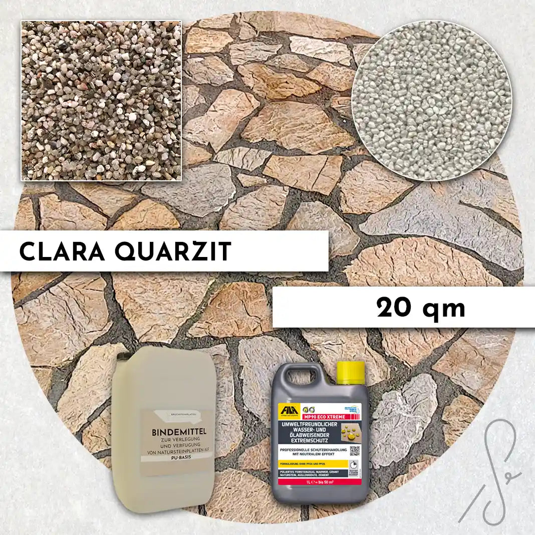 Compresa Clara Quarzit 20 qm, Natureffekt Imprägnierung und Colorquarz Fugenmörtel in Perlmutt.