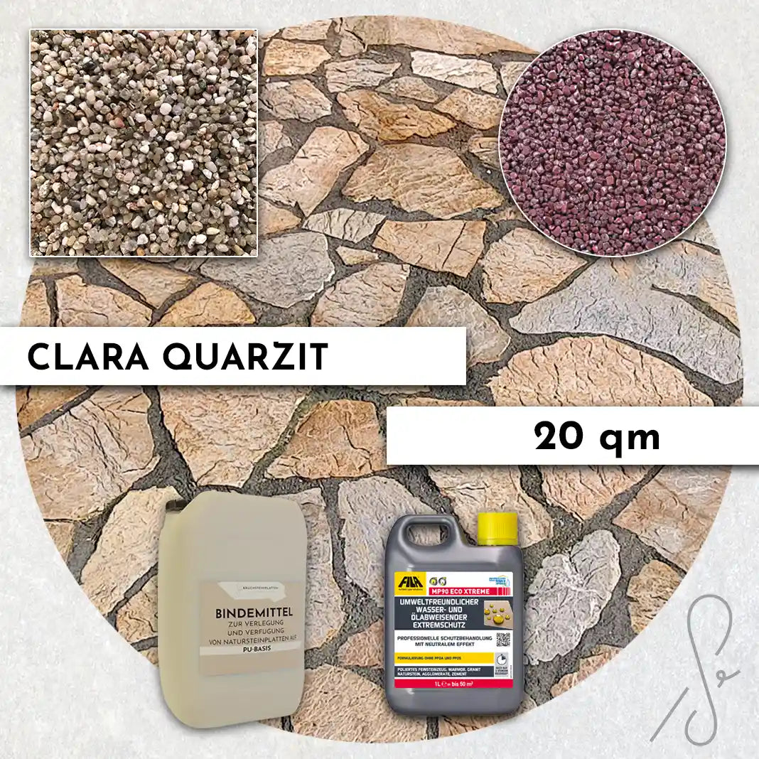 Compresa Clara Quarzit 20 qm, Natureffekt Imprägnierung und Colorquarz Fugenmörtel in Rotviolett Metallic.