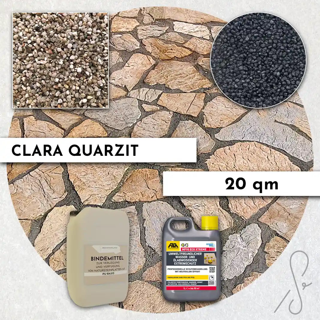 Compresa Clara Quarzit 20 qm, Natureffekt Imprägnierung und Colorquarz Fugenmörtel in Schwarz Metallic.