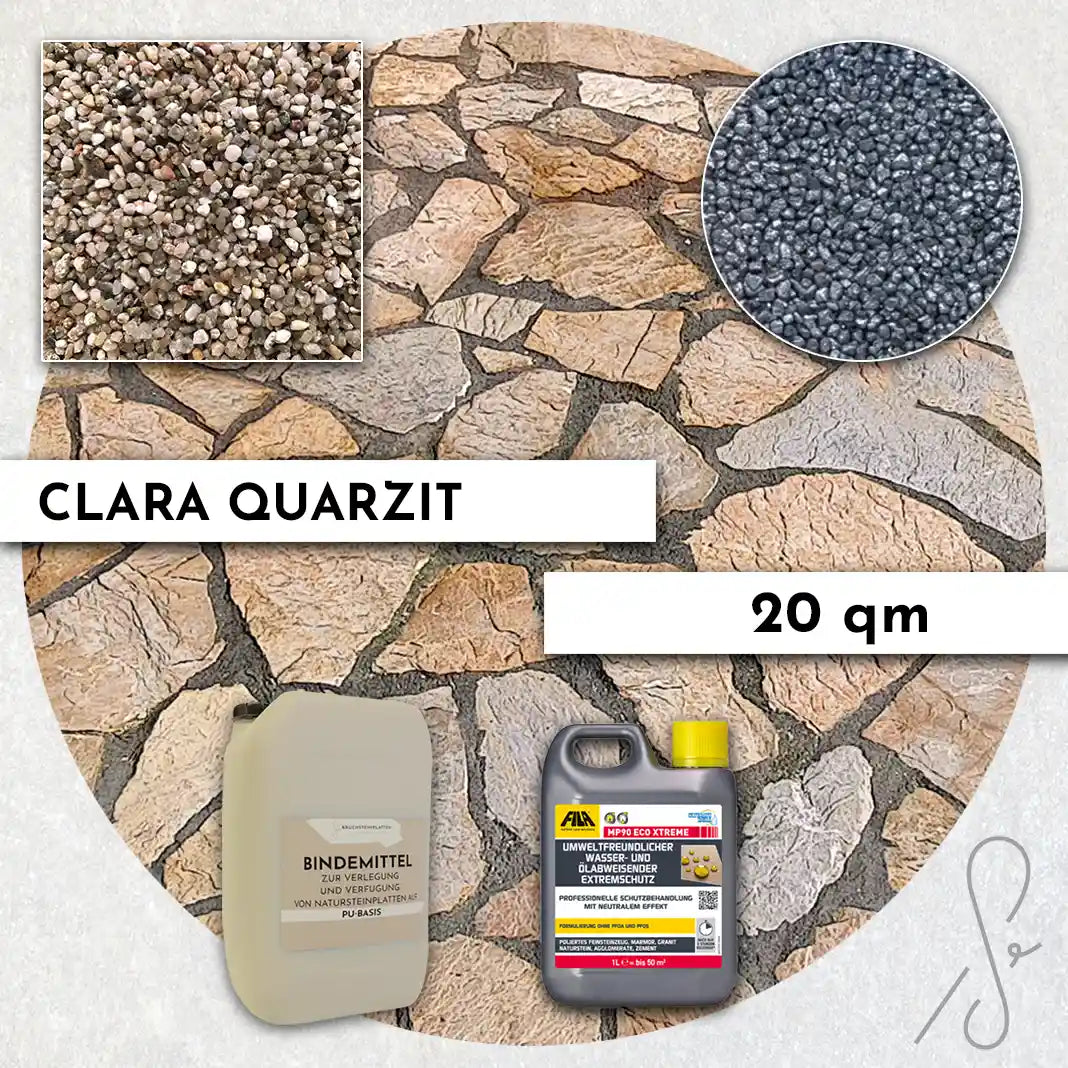 Compresa Clara Quarzit 20 qm, Natureffekt Imprägnierung und Colorquarz Fugenmörtel in Silbergrau Metallic.