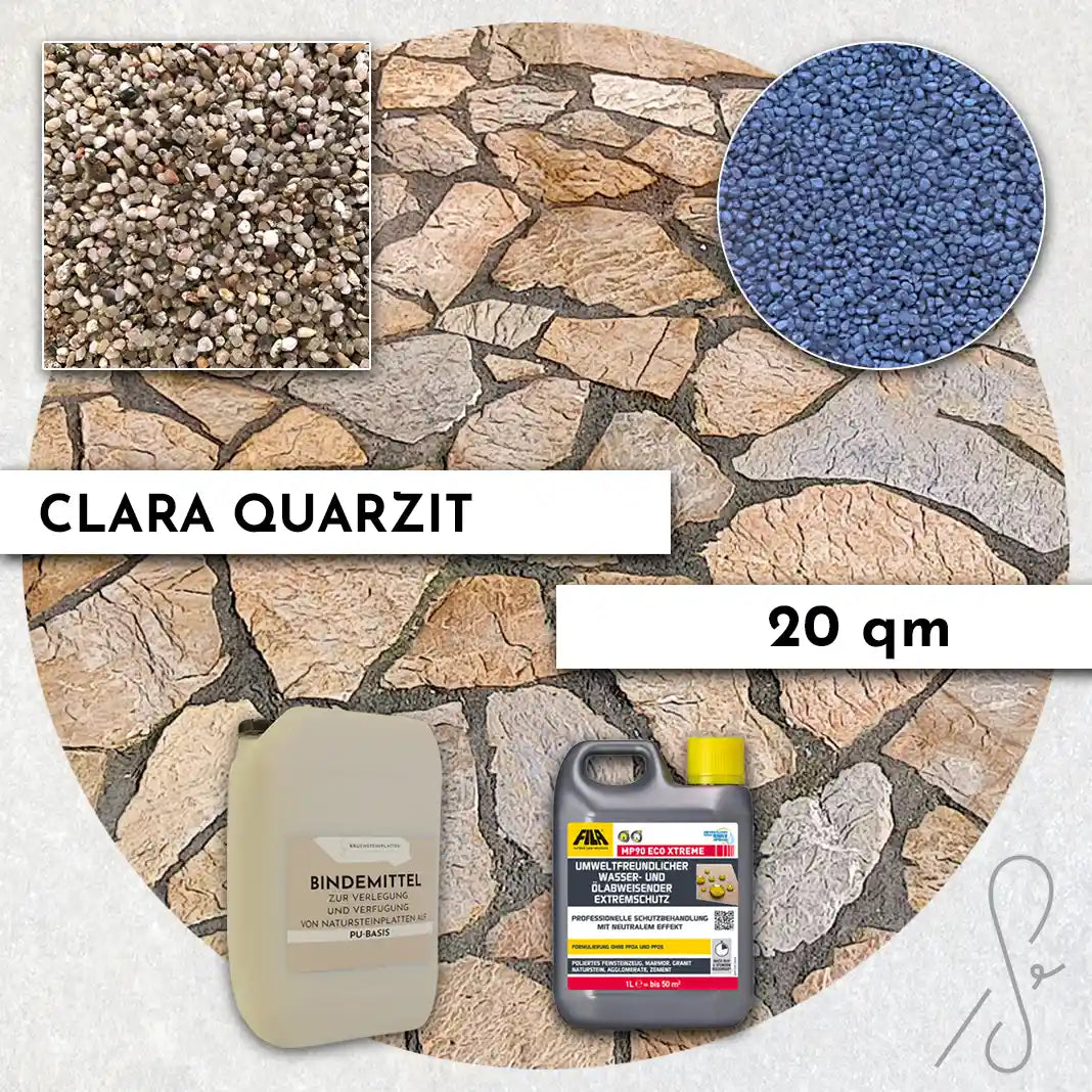 Compresa Clara Quarzit 20 qm, Natureffekt Imprägnierung und Colorquarz Fugenmörtel in Violettblau Metallic.