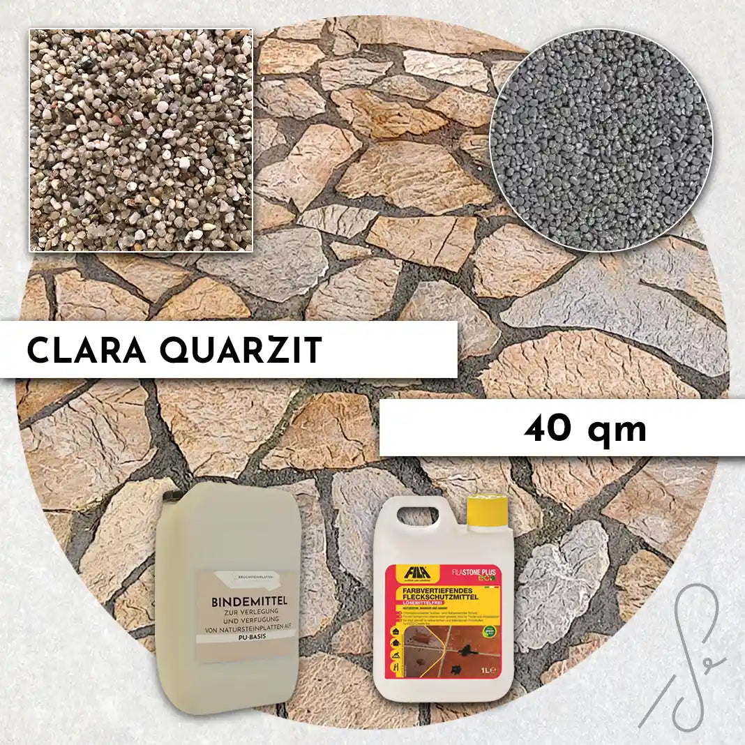 Compresa Clara Quarzit 40 qm, Farbvertiefend Imprägnierung und Colorquarz Fugenmörtel in Aluminium.