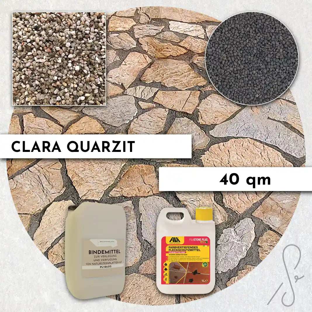 Compresa Clara Quarzit 40 qm, Farbvertiefend Imprägnierung und Colorquarz Fugenmörtel in Anthrazit.