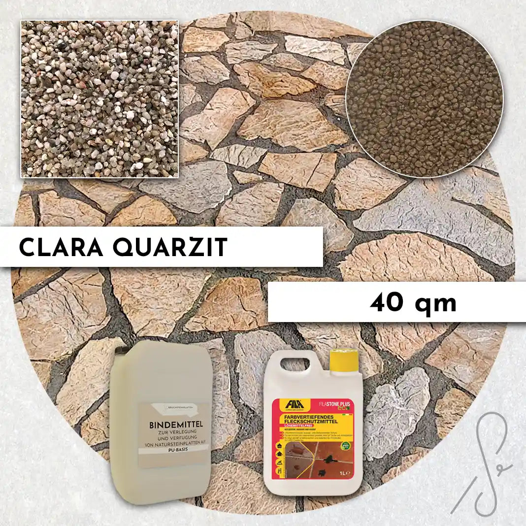 Compresa Clara Quarzit 40 qm, Farbvertiefend Imprägnierung und Colorquarz Fugenmörtel in Bronze Metallic.