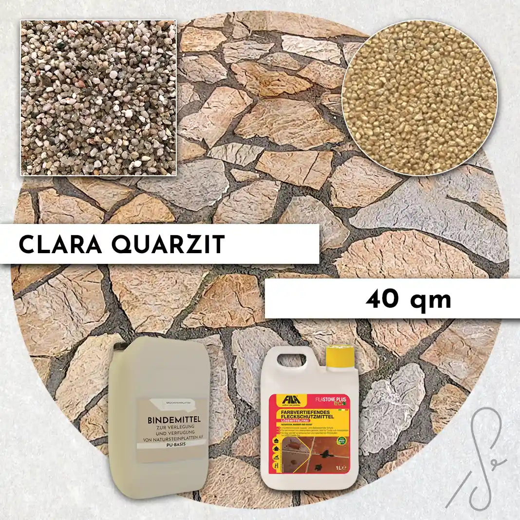 Compresa Clara Quarzit 40 qm, Farbvertiefend Imprägnierung und Colorquarz Fugenmörtel in Champagner.