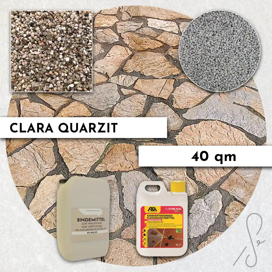 Compresa Clara Quarzit 40 qm, Farbvertiefend Imprägnierung und Colorquarz Fugenmörtel in Hellgrau.