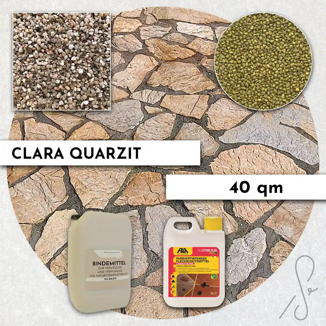 Compresa Clara Quarzit 40 qm, Farbvertiefend Imprägnierung und Colorquarz Fugenmörtel in Messing.