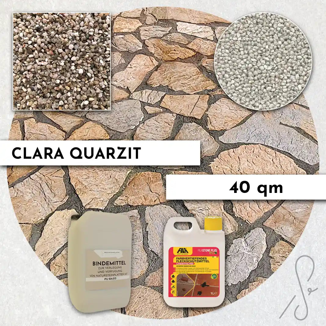 Compresa Clara Quarzit 40 qm, Farbvertiefend Imprägnierung und Colorquarz Fugenmörtel in Perlmutt.