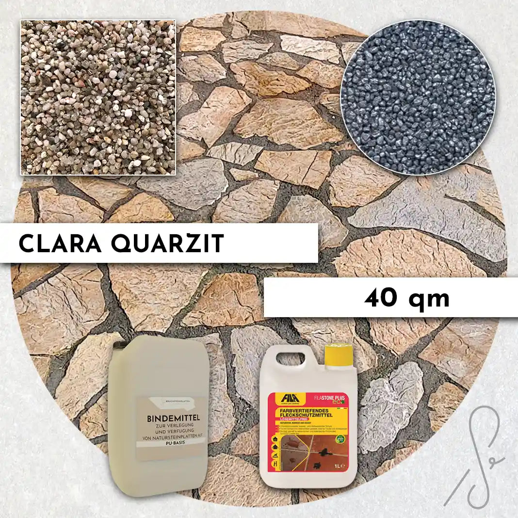 Compresa Clara Quarzit 40 qm, Farbvertiefend Imprägnierung und Colorquarz Fugenmörtel in Silbergrau Metallic.