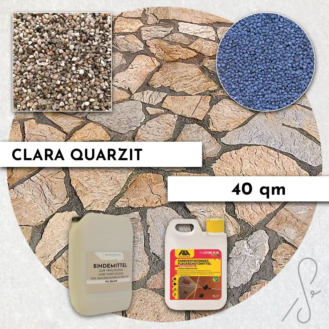 Compresa Clara Quarzit 40 qm, Farbvertiefend Imprägnierung und Colorquarz Fugenmörtel in Violettblau Metallic.