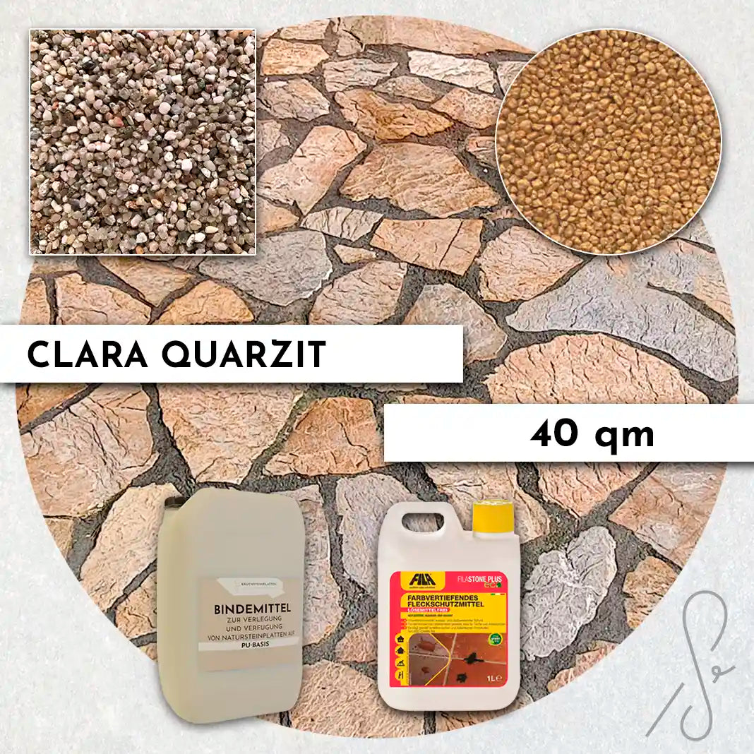 Compresa Clara Quarzit 40 qm, Farbvertiefend Imprägnierung und Colorquarz Fugenmörtel in Weißgold.