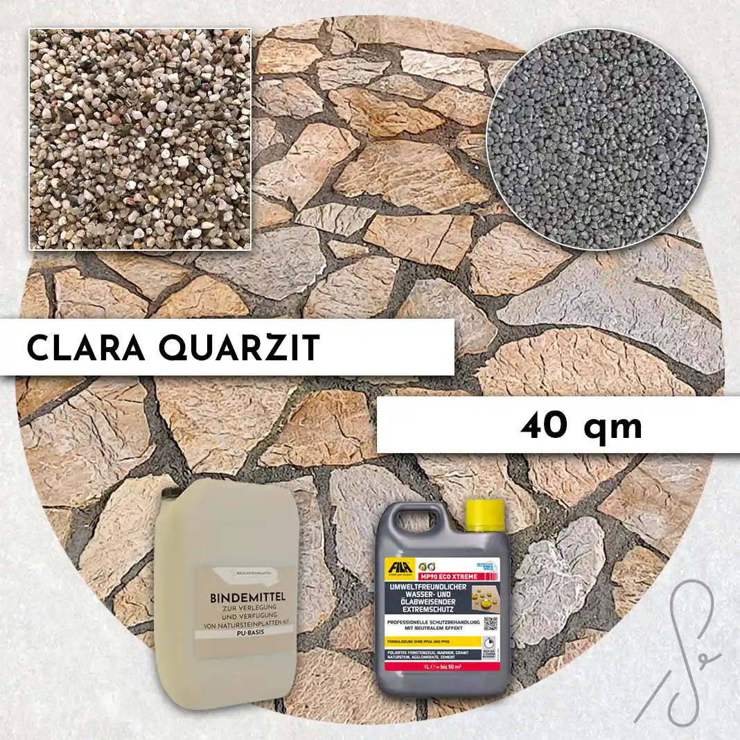 Compresa Clara Quarzit 40 qm, Natureffekt Imprägnierung und Colorquarz Fugenmörtel in Aluminium.