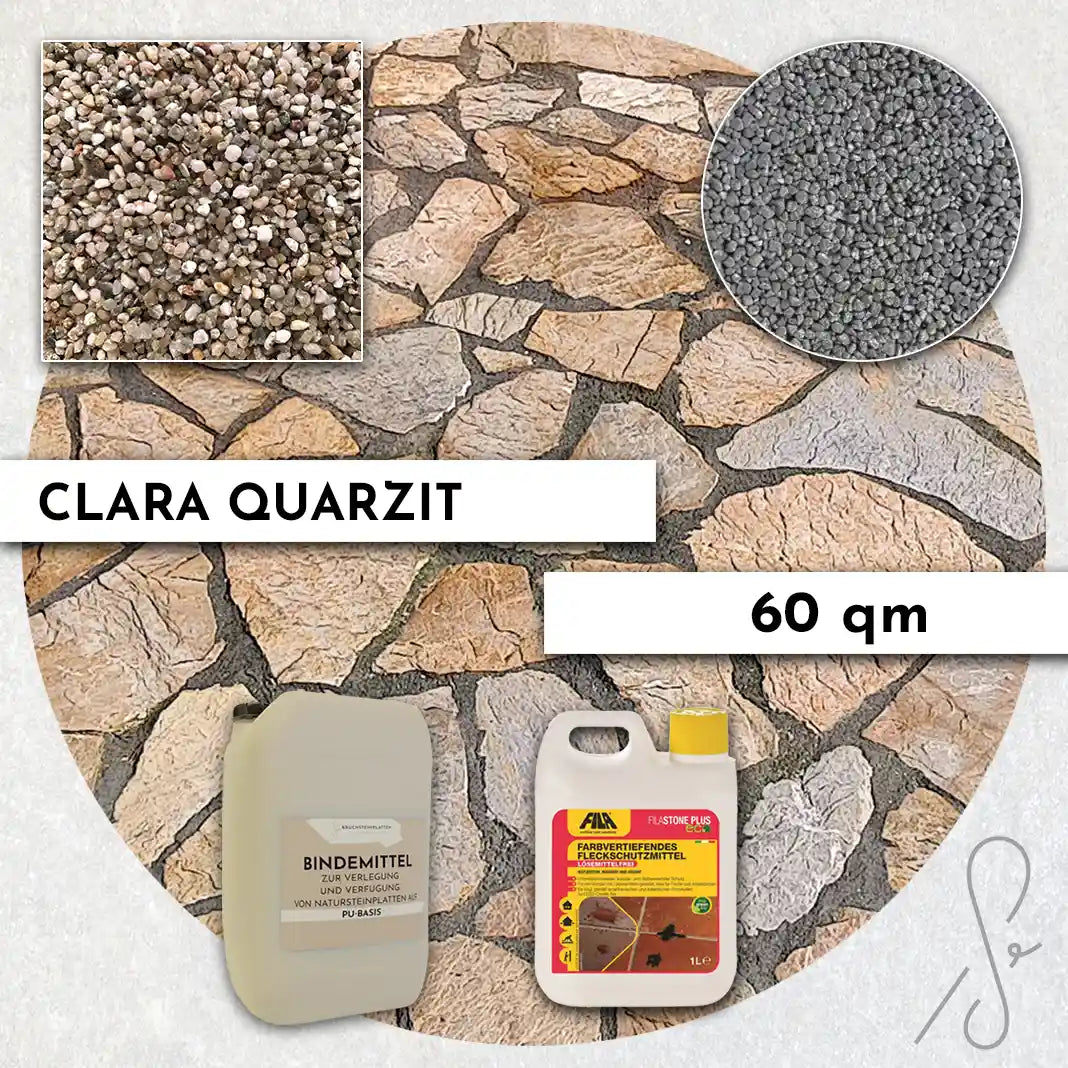 Compresa Clara Quarzit 60 qm, Farbvertiefend Imprägnierung und Colorquarz Fugenmörtel in Aluminium.