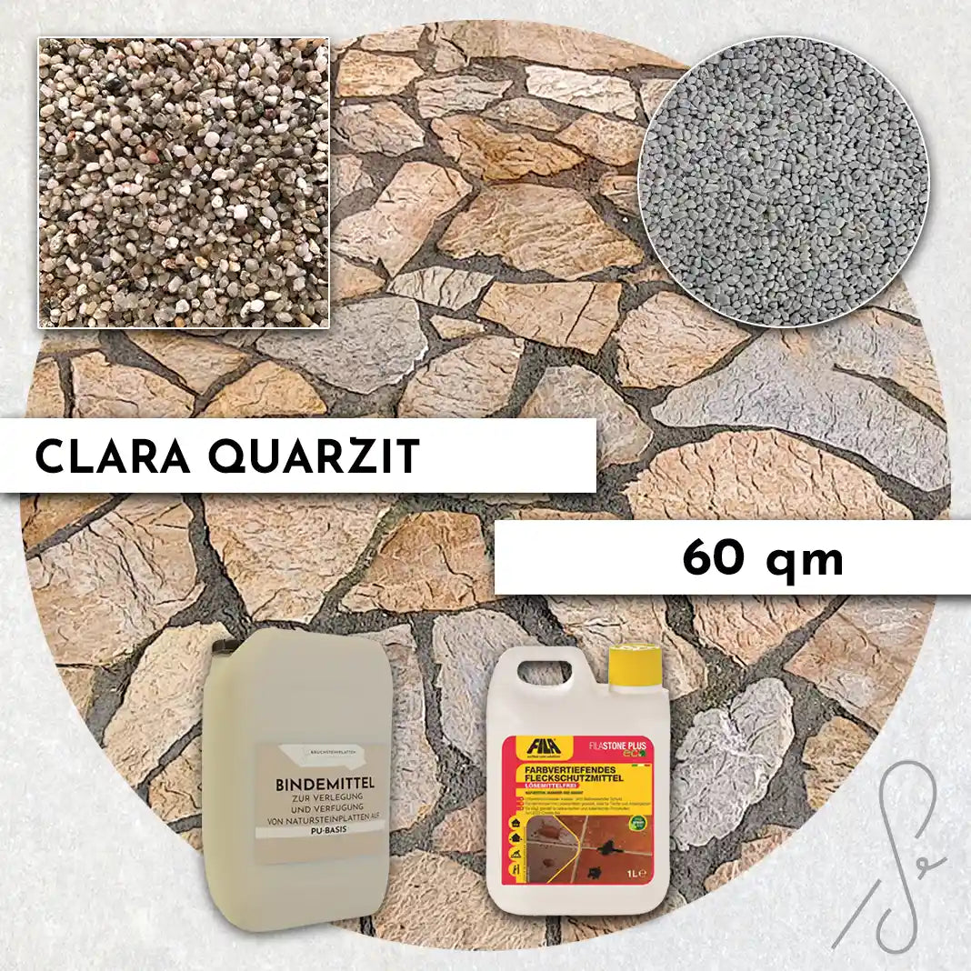 Compresa Clara Quarzit 60 qm, Farbvertiefend Imprägnierung und Colorquarz Fugenmörtel in Hellgrau.