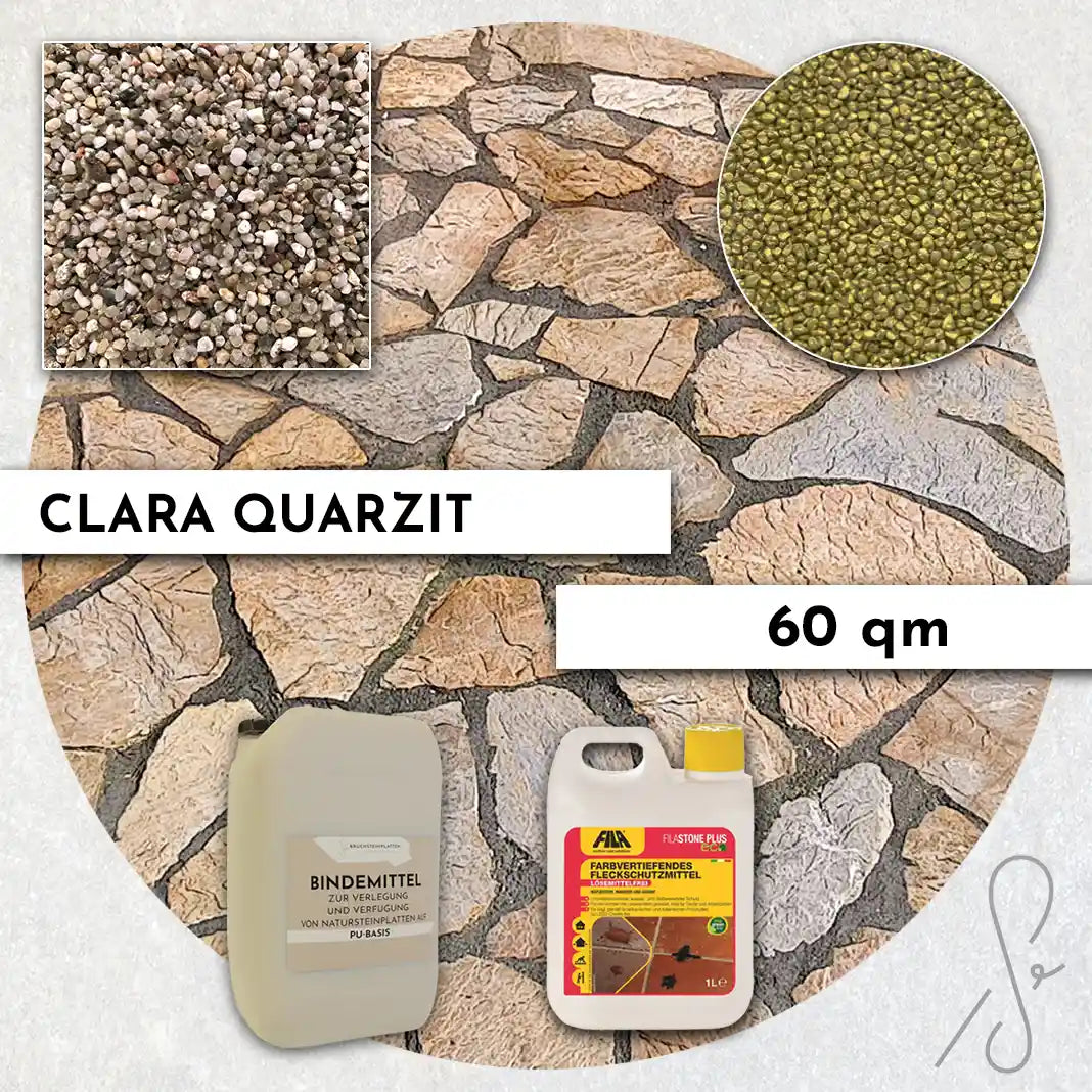 Compresa Clara Quarzit 60 qm, Farbvertiefend Imprägnierung und Colorquarz Fugenmörtel in Messing.