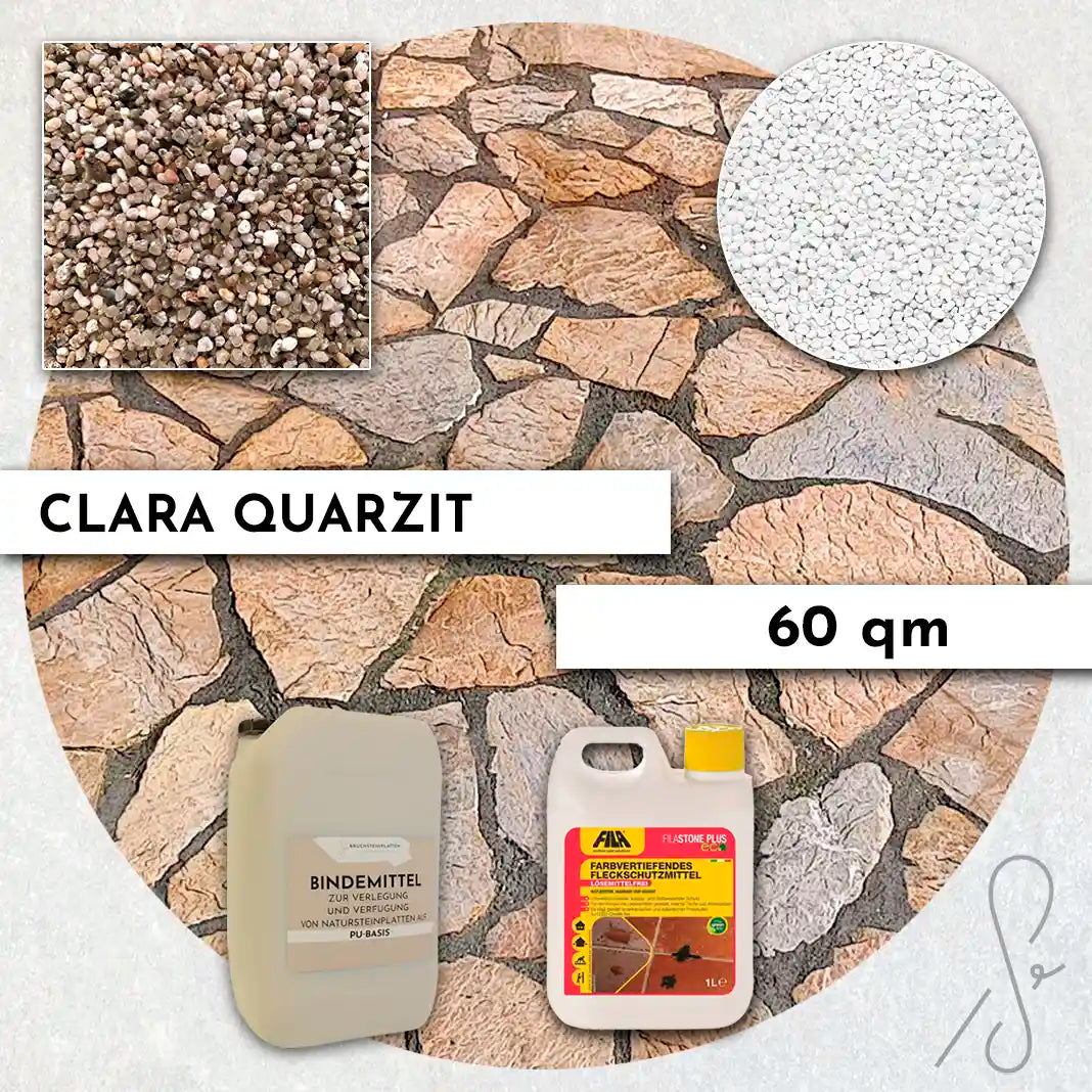 Compresa Clara Quarzit 60 qm, Farbvertiefend Imprägnierung und Colorquarz Fugenmörtel in Reinweiß.