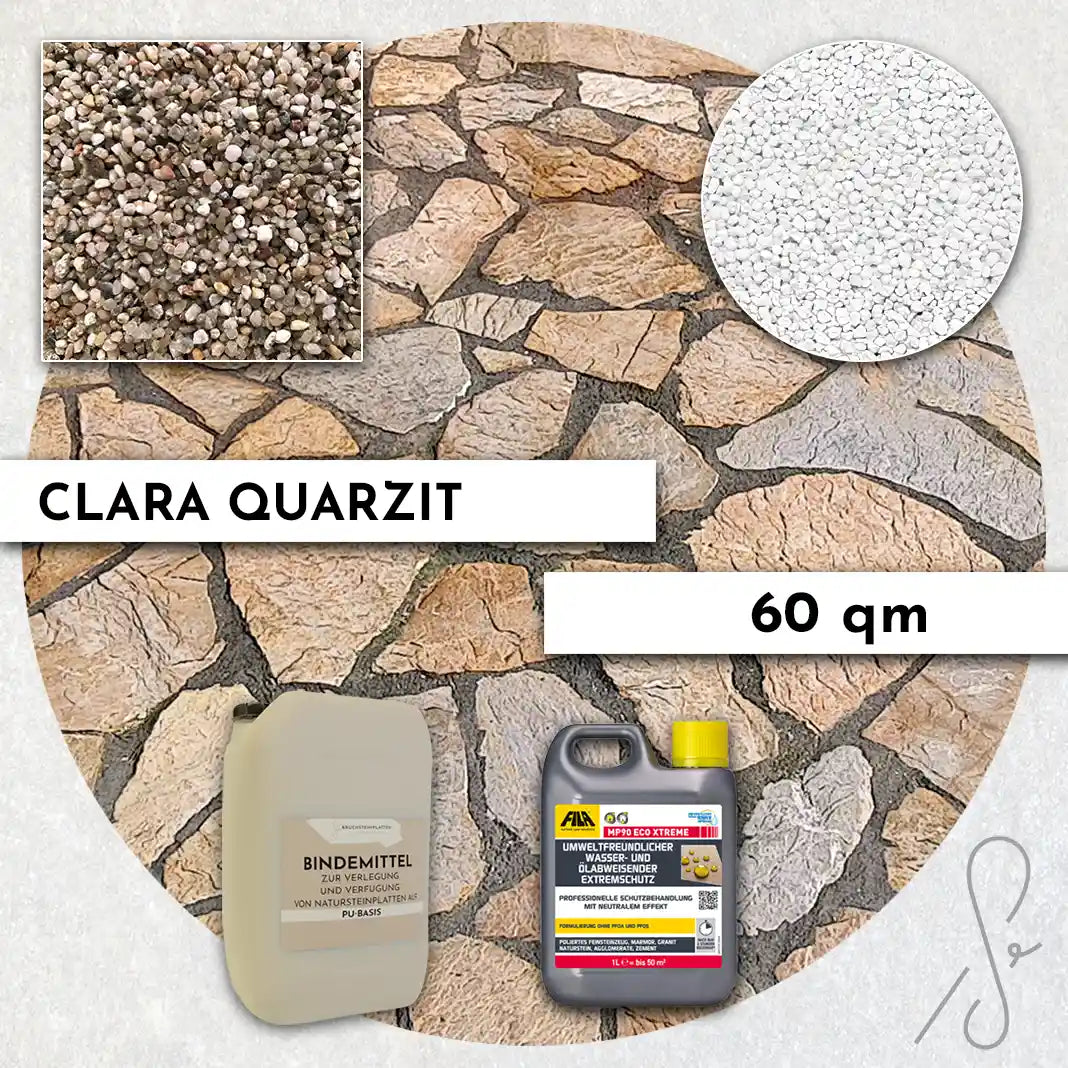 Compresa Clara Quarzit 60 qm, Natureffekt Imprägnierung und Colorquarz Fugenmörtel in Reinweiß.