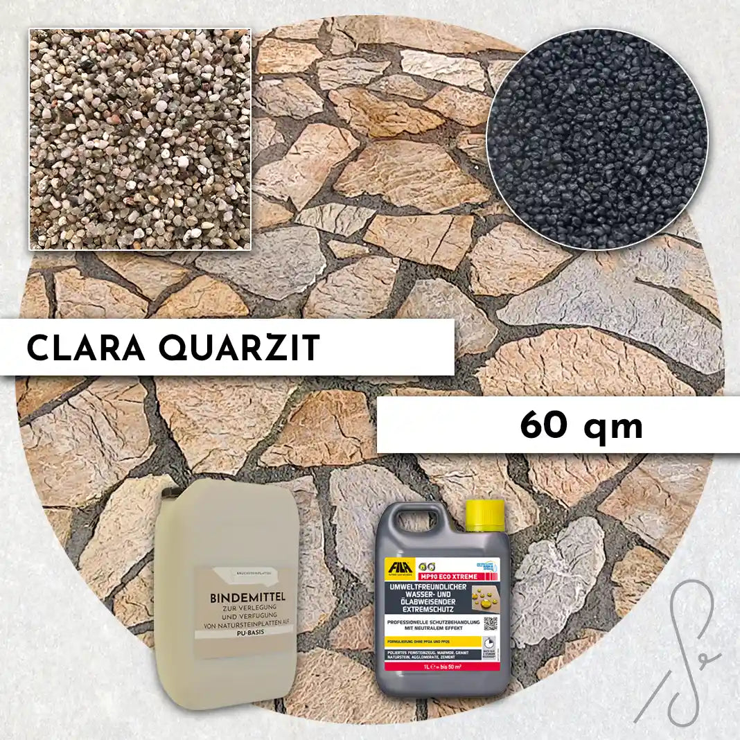 Compresa Clara Quarzit 60 qm, Natureffekt Imprägnierung und Colorquarz Fugenmörtel in Schwarz Metallic.