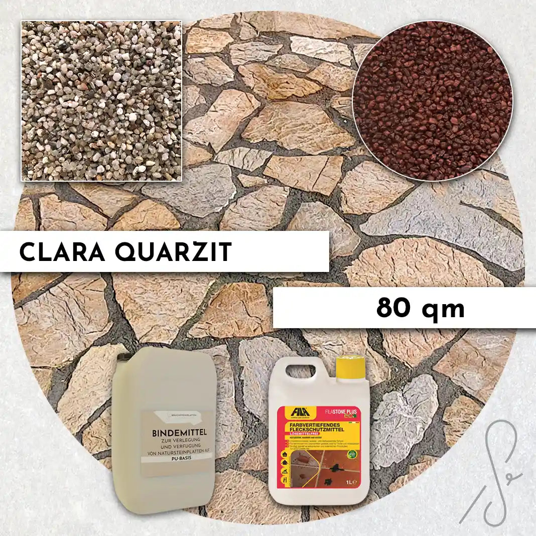 Compresa Clara Quarzit 80 qm, farbvertiefende Imprägnierung und Colorquarz Fugenmörtel in Kupfer.