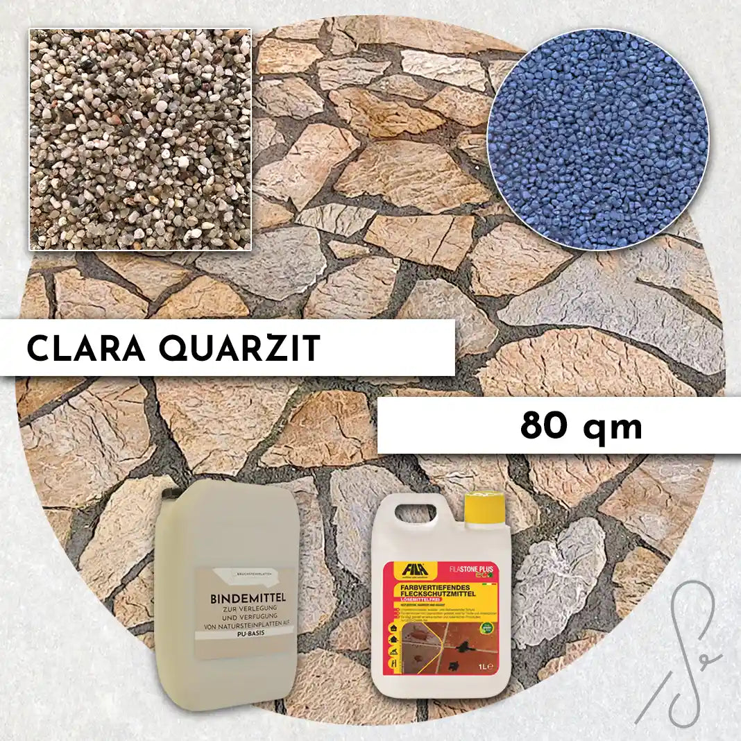 Compresa Clara Quarzit 80 qm, farbvertiefende Imprägnierung und Colorquarz Fugenmörtel in Violettblau Metallic.