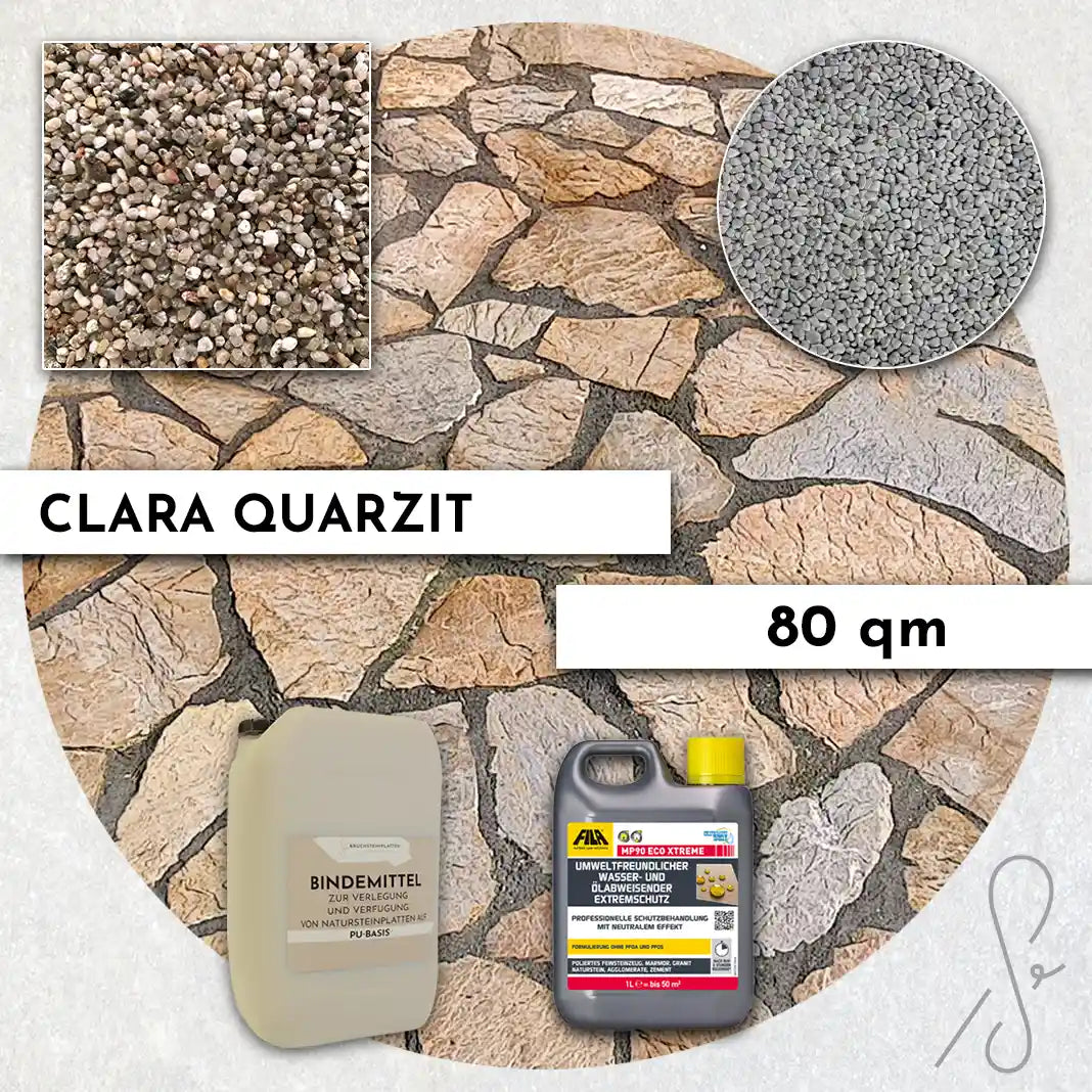 Compresa Clara Quarzit 80 qm, Natureffekt Imprägnierung und Colorquarz Fugenmörtel in Reinweiß.