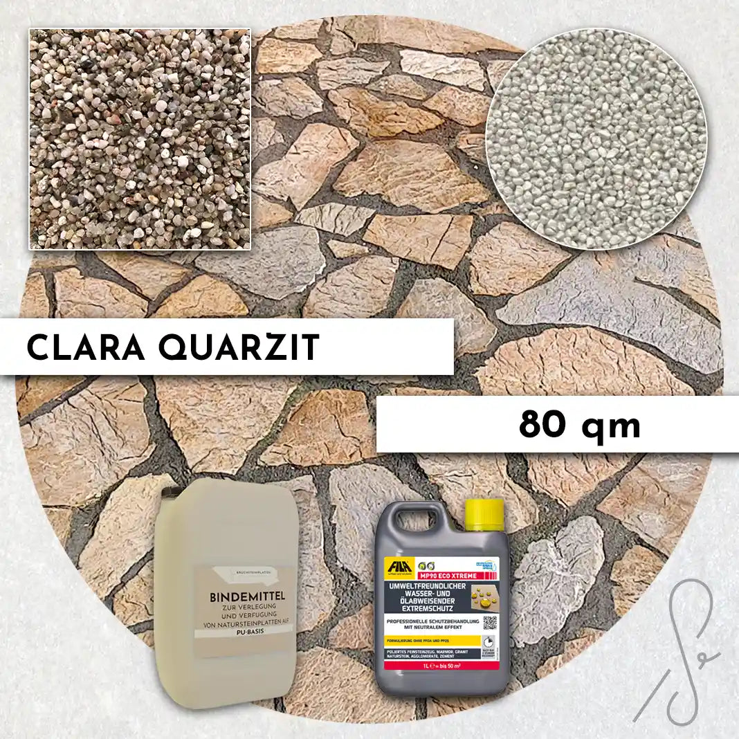 Compresa Clara Quarzit 80 qm, Natureffekt Imprägnierung und Colorquarz Fugenmörtel in Perlmutt.