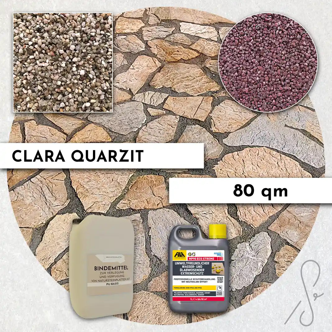 Compresa Clara Quarzit 80 qm, Natureffekt Imprägnierung und Colorquarz Fugenmörtel in Rotviolett Metallic.