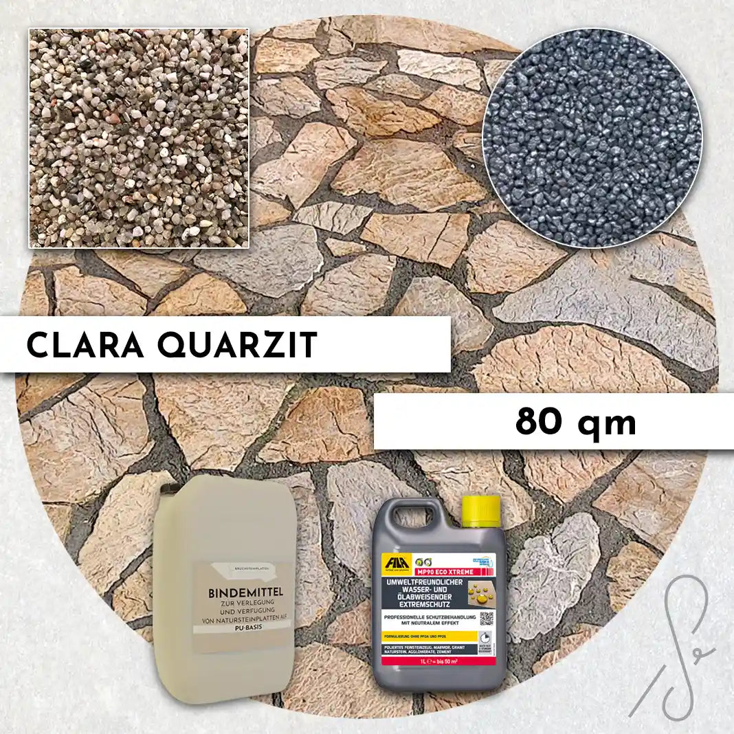 Compresa Clara Quarzit 80 qm, Natureffekt Imprägnierung und Colorquarz Fugenmörtel in Silbergrau Metallic.