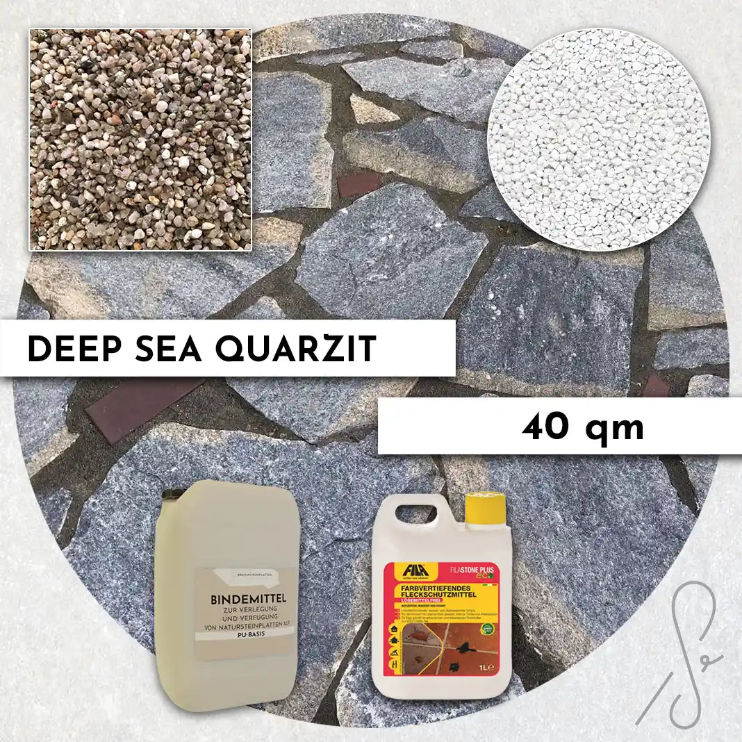 40 m² Terrassenpaket COMPRESA mit Deep Sea Quarzitplatten