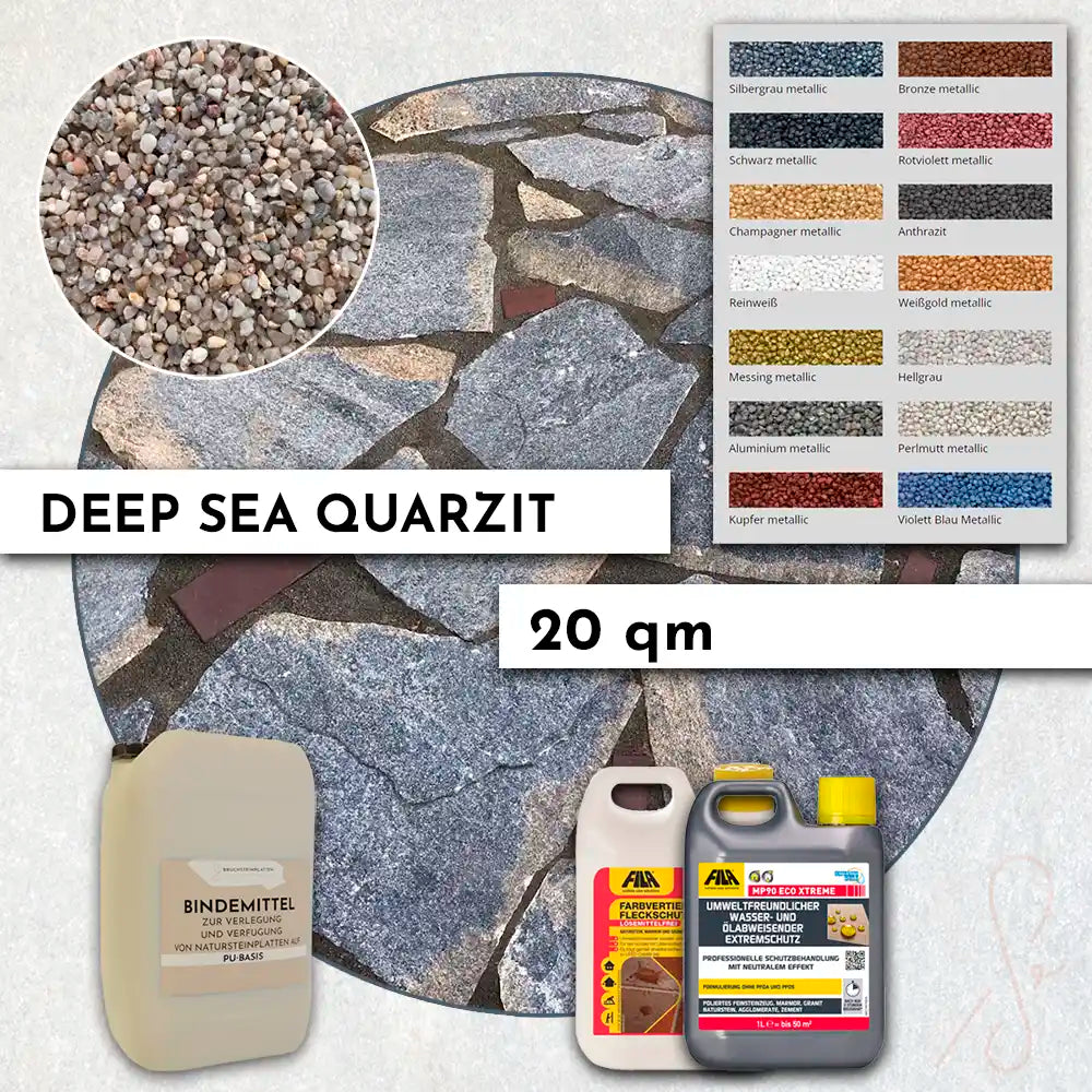 Komplettpaket COMPRESA für 20m² Terrasse Deep Sea Quarzitplatten polygonal. Versandkostenfreie Lieferung! Alle Materialien sind im Rundum Paket enthalten!