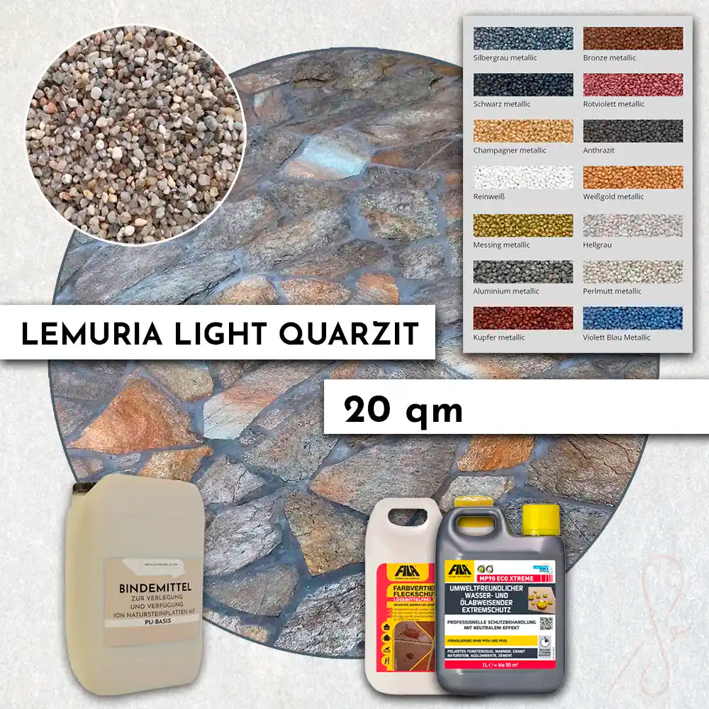 Terrassenpaket 20qm mit Lemuria Light Quarzitplatten inkl. Imprägnierung und farbigem Fugenmörtel