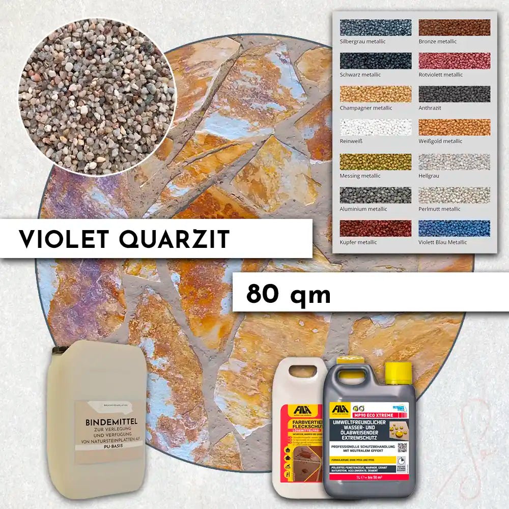 80 m² Paket COMPRESA Violet Quarzit Platten inkl. aller Materialien zur Verlegung